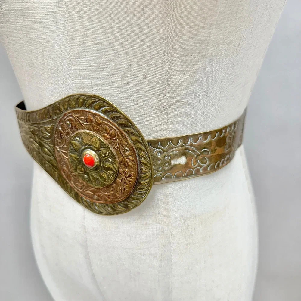 Vintage Brass & Copper Etched Metal Belt  Red Cabochon Centerpiece Made in India